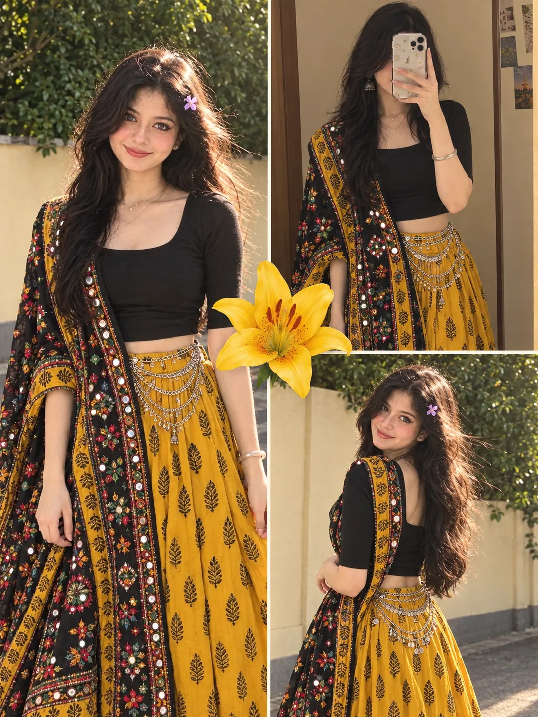 A collage of three different photos showing a young Indian woman posing in a striking traditional Navratri outfit.