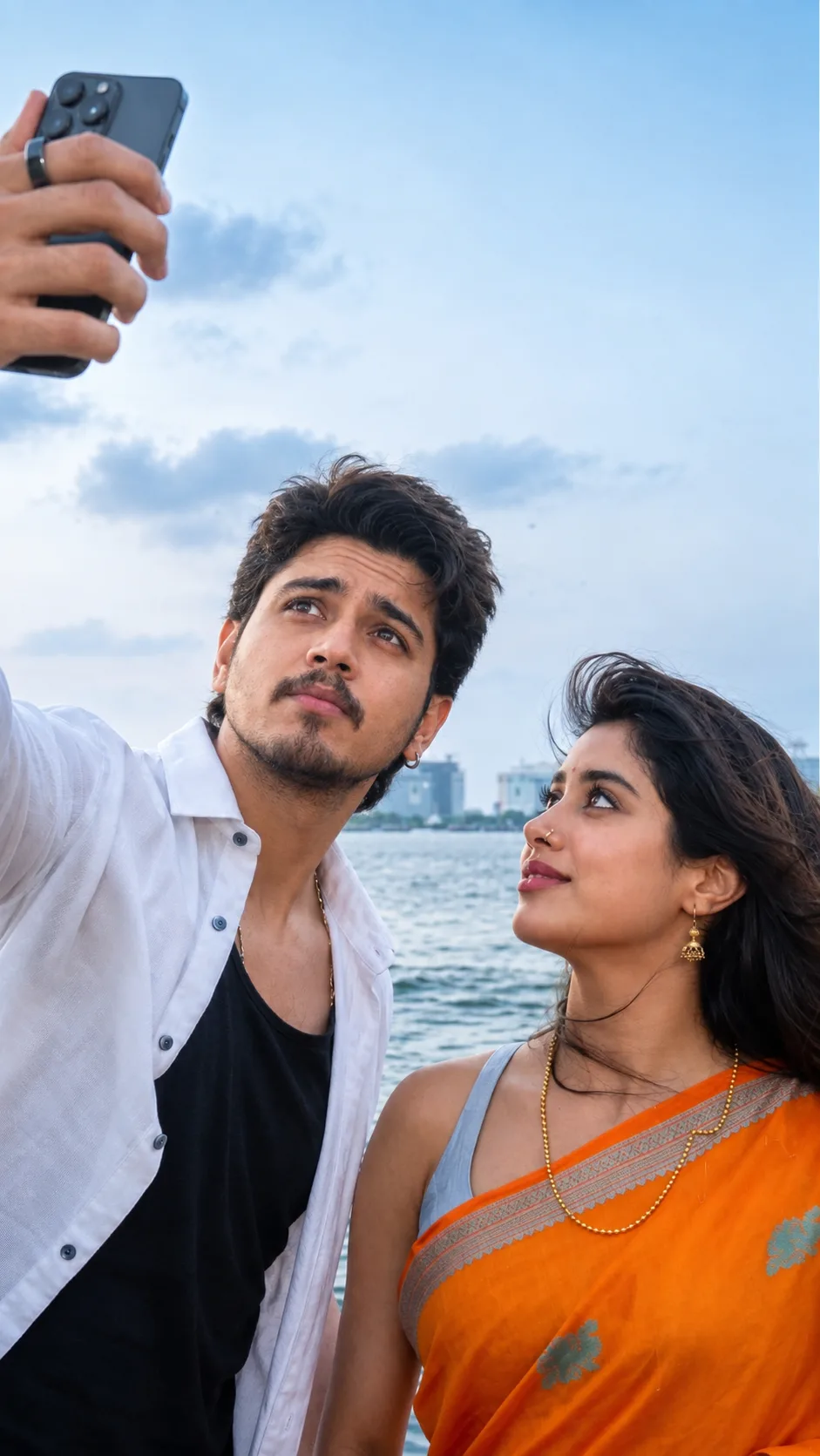 Create a highly realistic cinematic vertical portrait of a young couple taking a selfie beside a waterfront.
