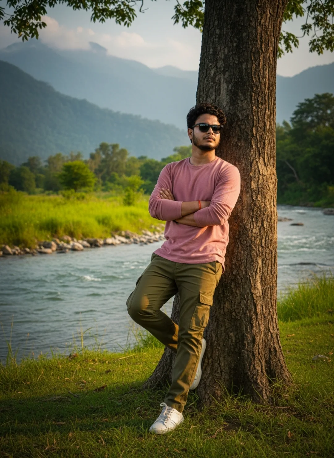 * A stylish young Indian man with short curly black hair, light beard and mustache, wearing black rectangular sunglasses, leaning casually