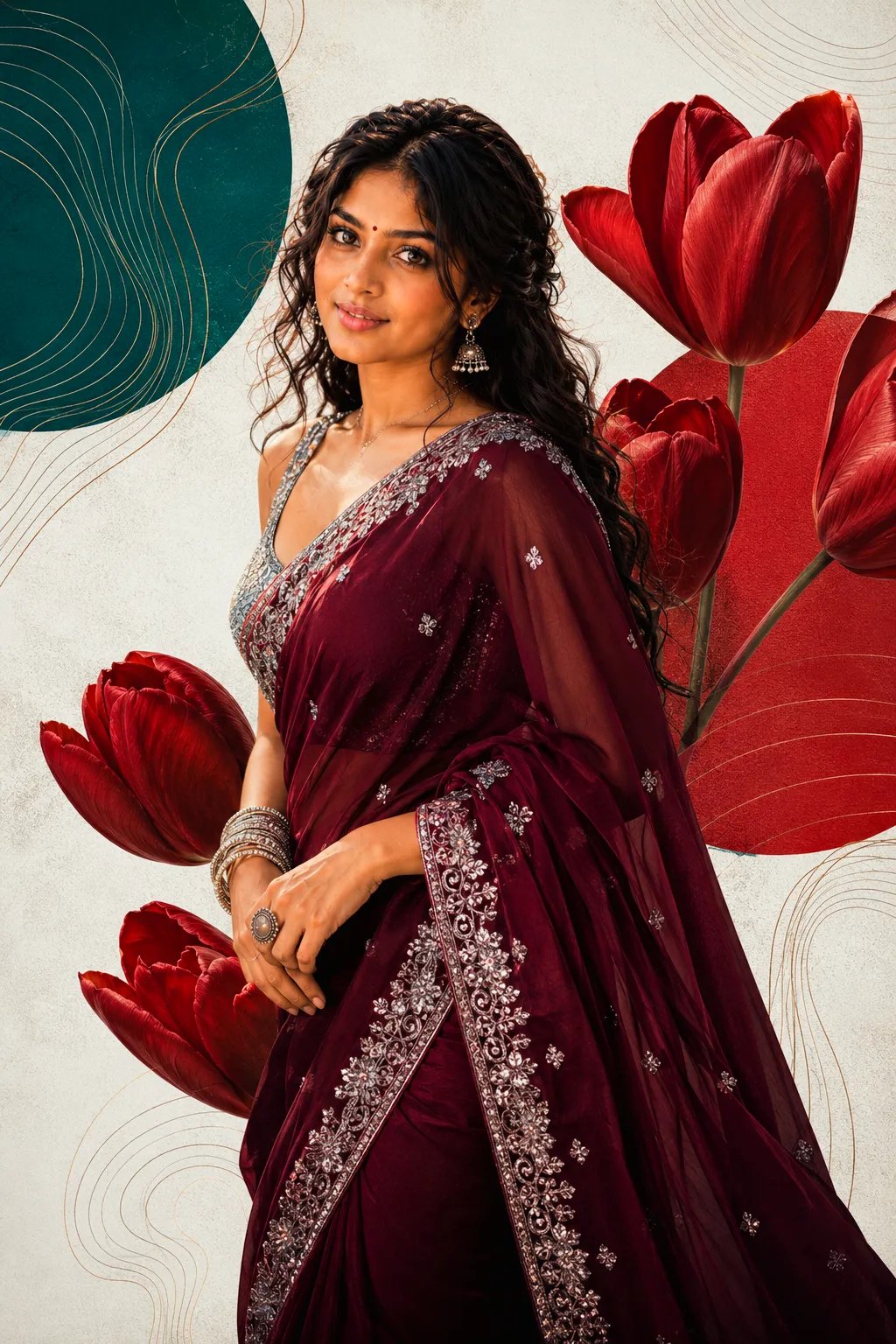 ❤️❤️❤️ Azhagi in Saree ❤️ ❤️ ❤️ Create an ultra realistic cinematic fashion poster of the uploaded South Indian woman, identity 100%