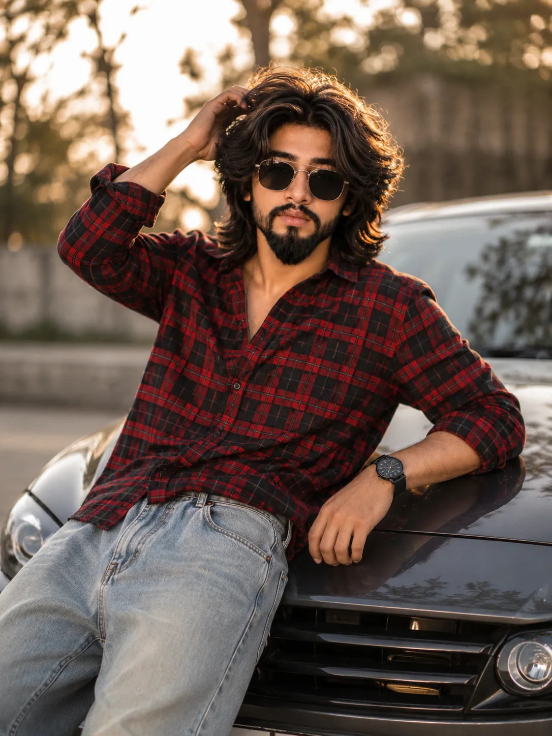Photorealistic outdoor portrait of a stylish man leaning against the hood of a luxury dark car.