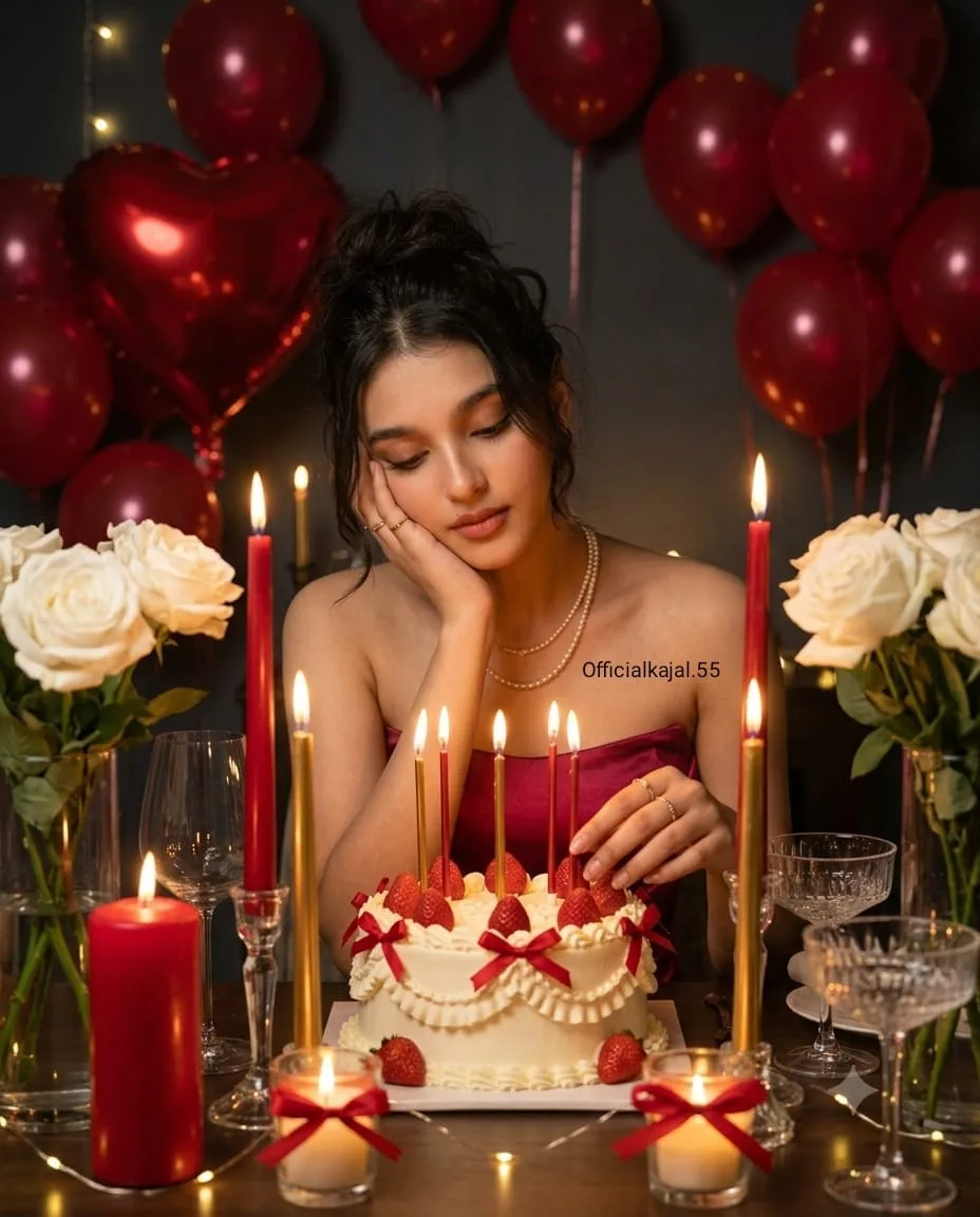 @Officialkajal.55 🎂✨ BIRTHDAY PORTRAIT PROMPT ✨🎀 Create a highly photorealistic cinematic birthday portrait using TWO reference images.