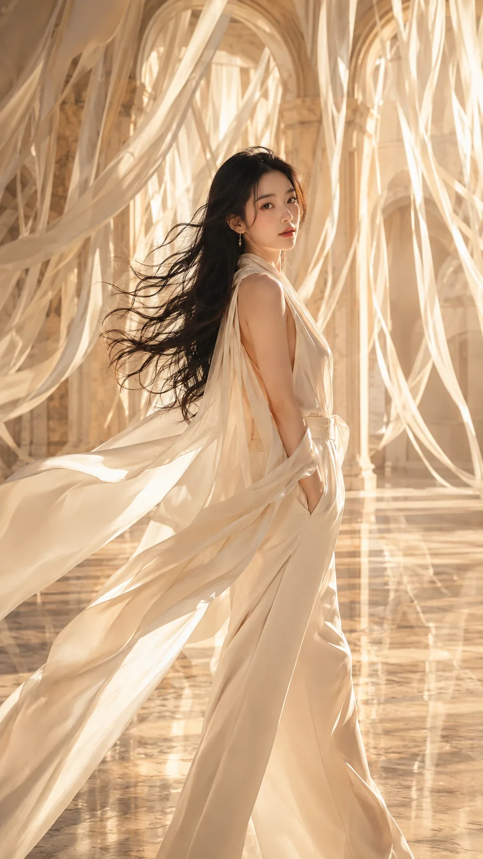 An ultra-premium high-fashion editorial portrait of a beautiful young East Asian woman with long, naturally wavy dark hair, wearing an