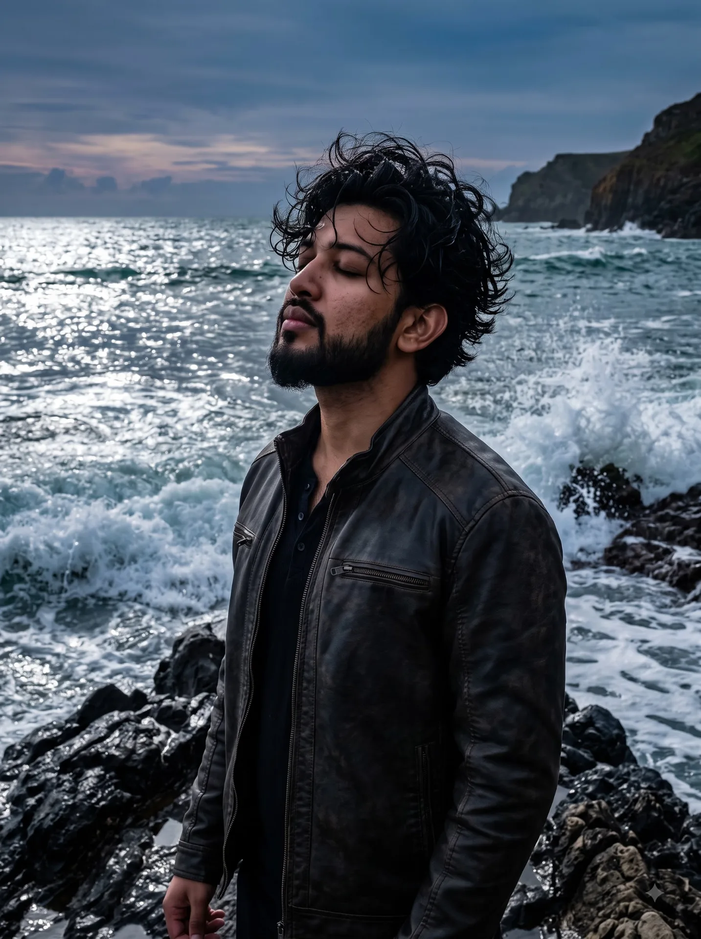 Ultra-realistic cinematic romantic fantasy poster of a young South Asian man standing confidently on dark wet rocks at the ocean shore,