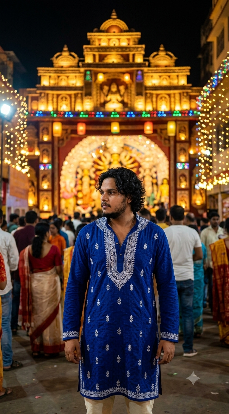 A stunning wide-angle photorealistic portrait of a stylish 22-year-old Indian guy standing in front of a majestic illuminated Durga Puja