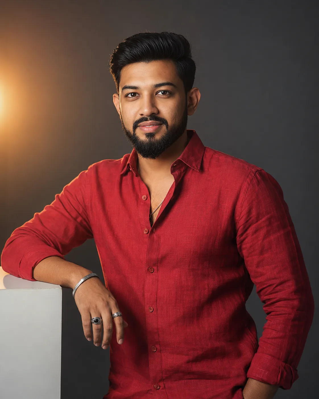 “Ultra realistic studio portrait of a young Indian man wearing a stylish red linen shirt, confident pose leaning on a white block, soft