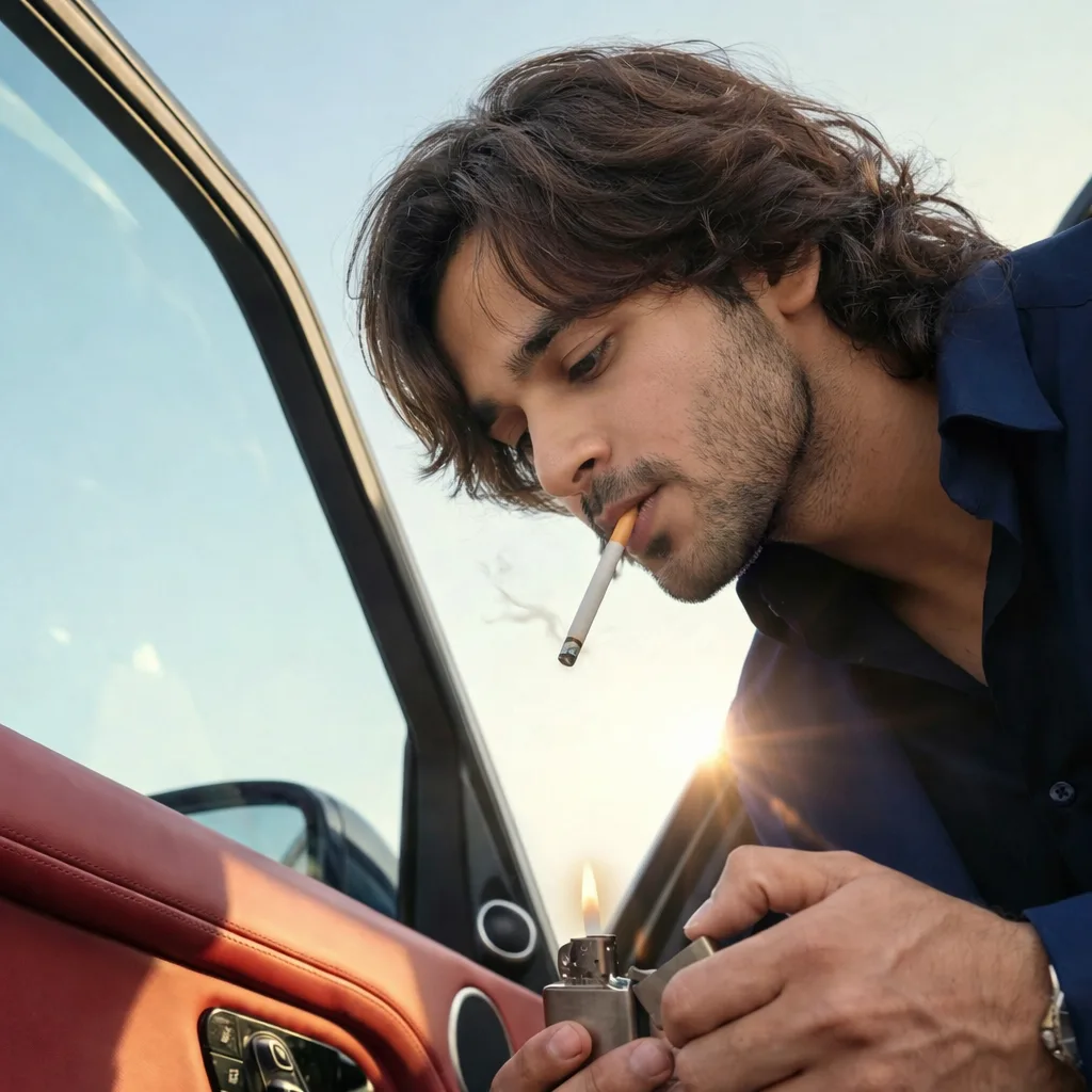 > Cinematic low-angle close-up photograph of a handsome man with wavy, medium-length dark brown hair and light stubble, wearing an