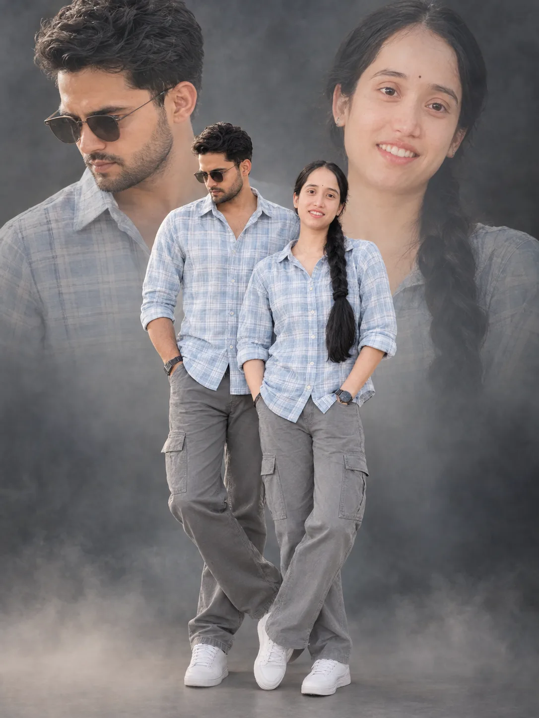 Create an ultra-realistic cinematic editorial studio portrait featuring the same young woman and young man from the two uploaded reference