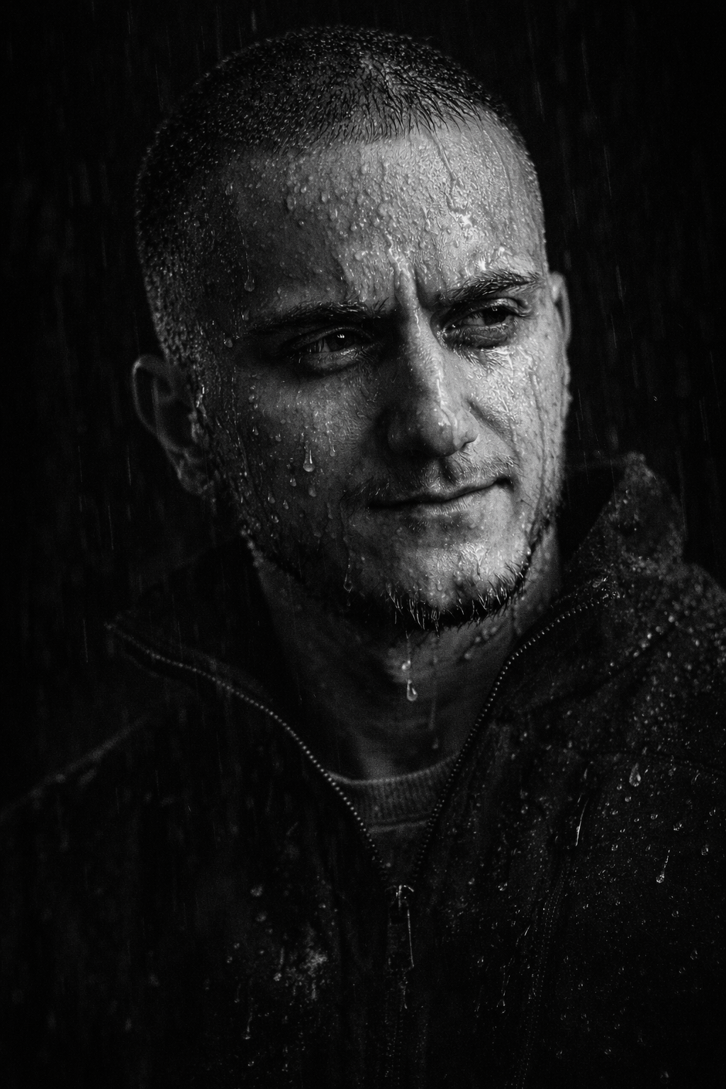 Create a dramatic black-and-white headshot of the subject or subjects with a moody, cinematic atmosphere.