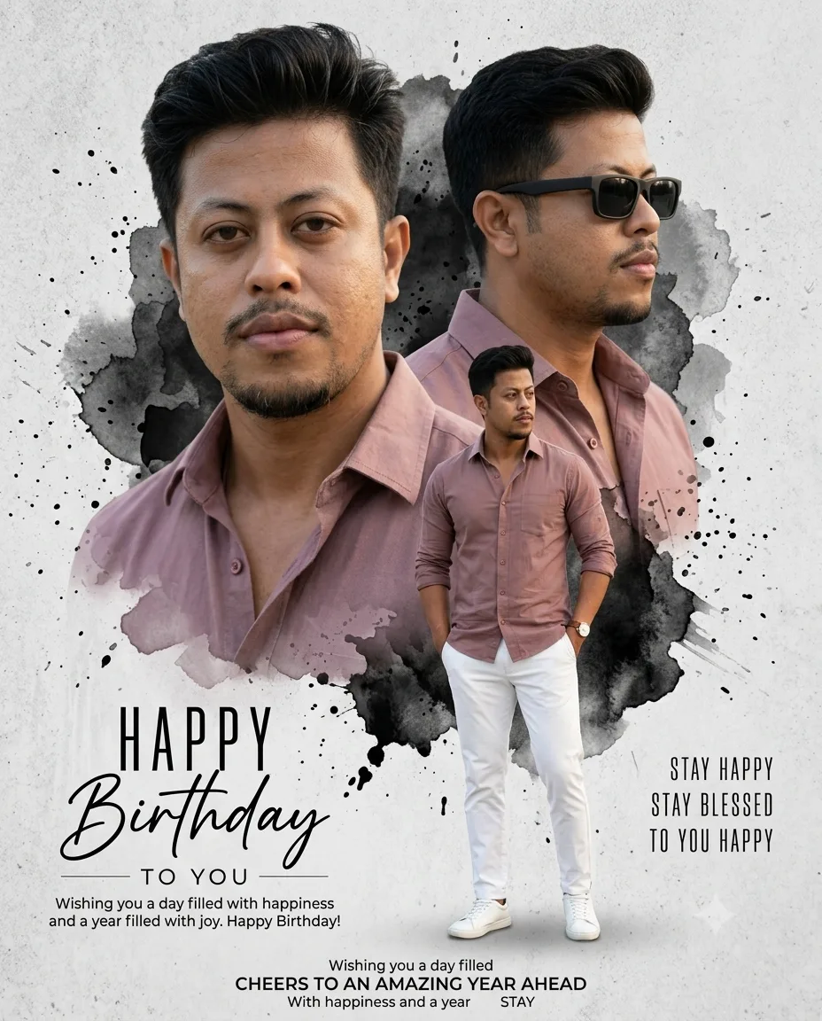 A premium cinematic birthday poster in a luxury fashion editorial style with a modern minimalist collage composition.
