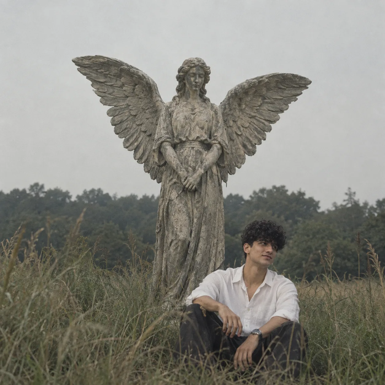 A weathered stone angelic figure stands rigidly in tall, wind-stirred grass, enormous feathered wings extending symmetrically behind her