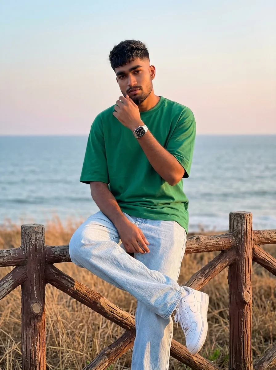 8K ultra-realistic 3:4 vertical portrait of a young man by a seaside railing at golden hour, maintaining exact facial features.