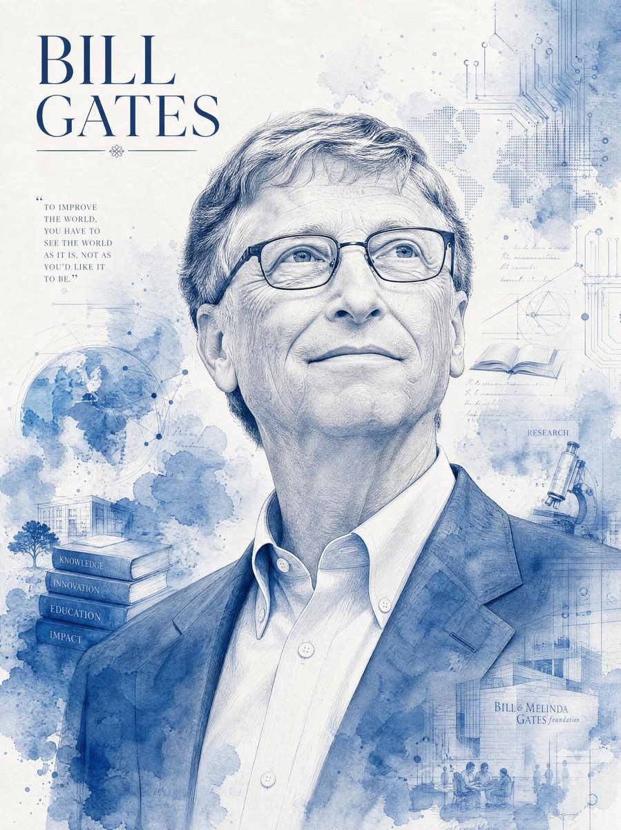 Created with GPT Image 2.0 on Yapper Prompt: A highly detailed monochromatic blue watercolor and ink portrait illustration of Bill Gates,