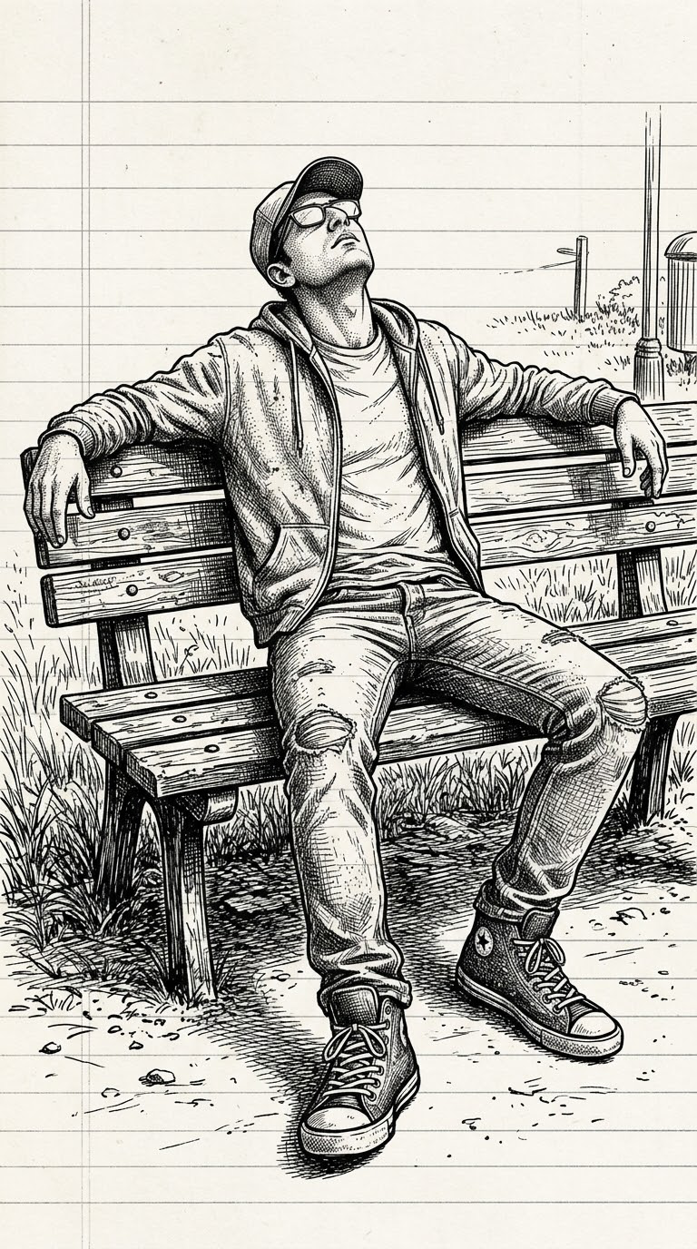 A highly detailed monochrome pen-and-ink illustration of a person (image Uploaded), seated on a weathered wooden park bench, centered in a