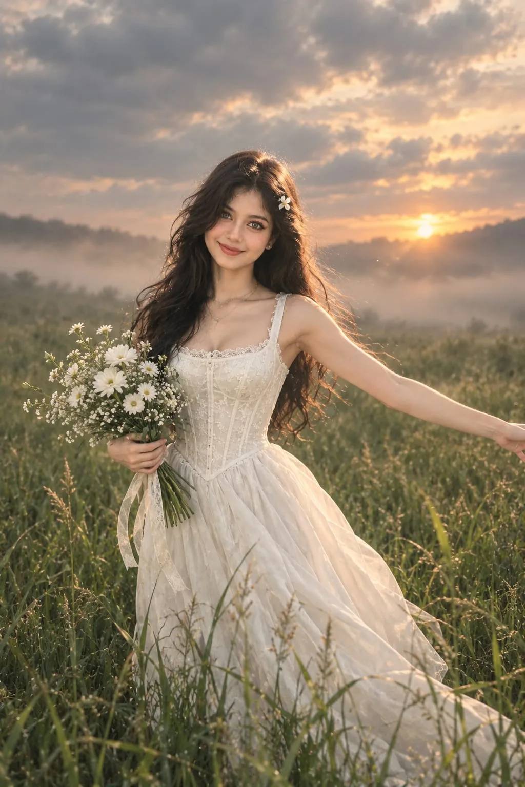 Convert to a young woman stands in the middle of a lush green field with tall grass, wearing a white sleeveless corset gown .