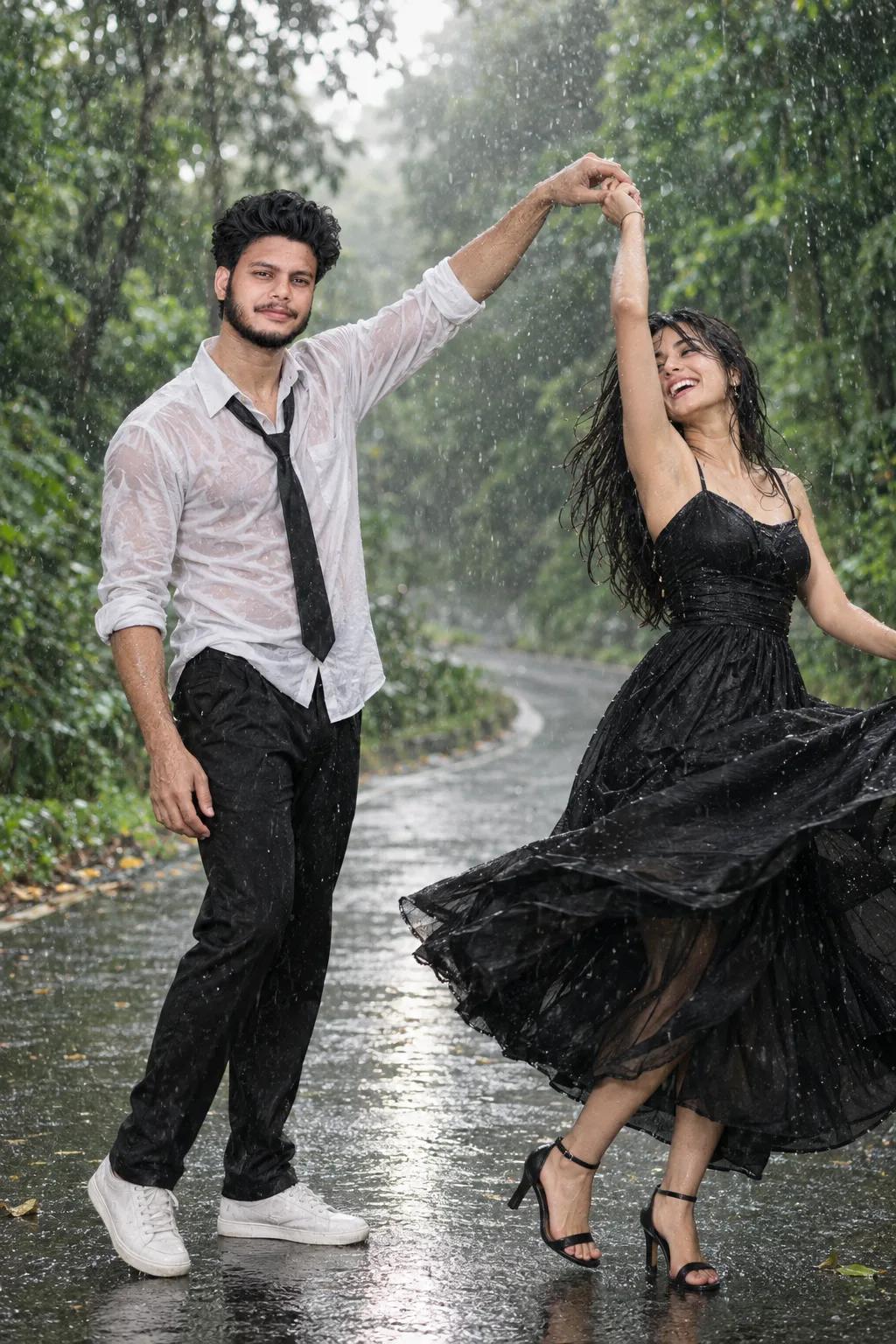 A cinematic, full-body portrait of a joyful young couple dancing playfully in a heavy downpour on a wet, asphalt road winding through a