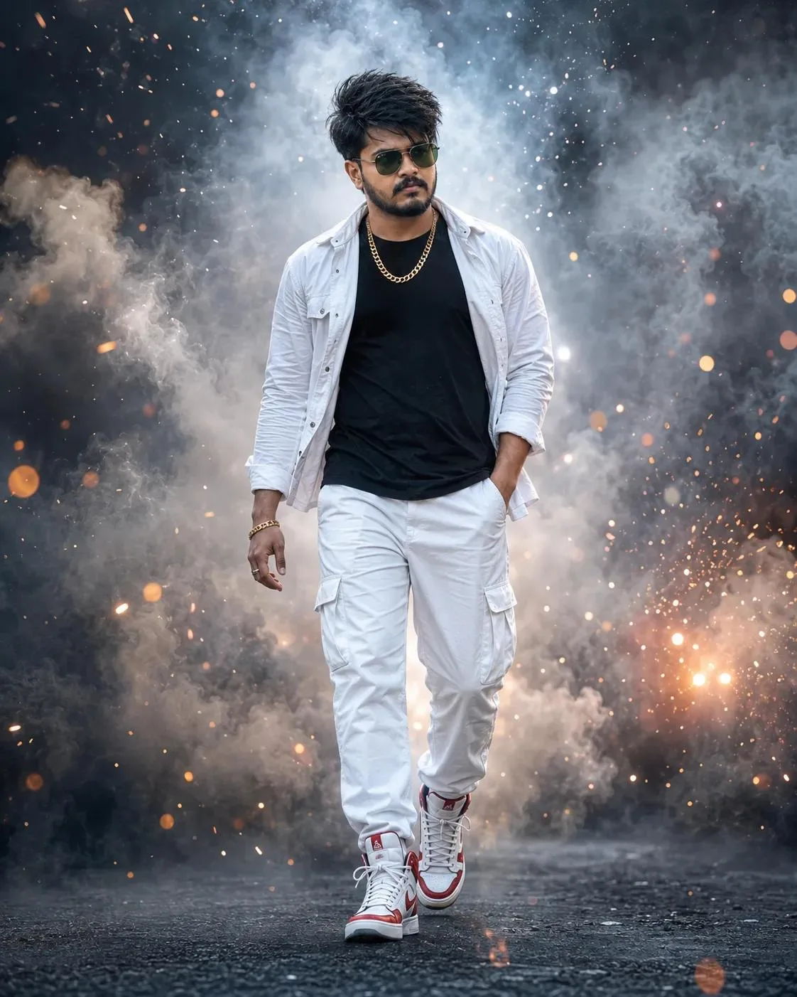 Ultra-realistic cinematic fashion portrait of a stylish young South Asian man walking confidently toward camera, messy black quiff, trimmed