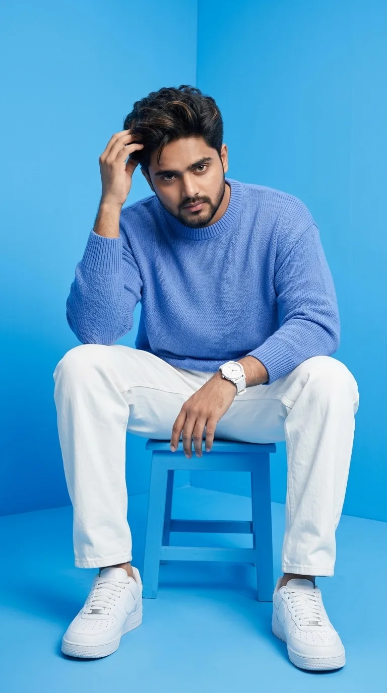 Create a hyper full body UHD handsome man sitting close up wavy dark hair and groomeed beard portrait in a bright monochrome blue studio.