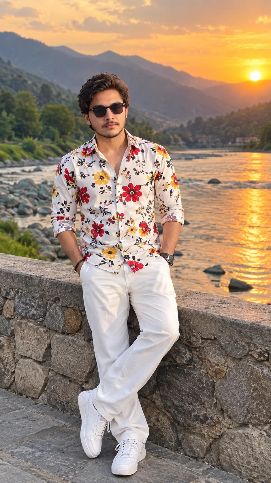 > Create an ultra-realistic 4K/8K UHD cinematic travel portrait of a handsome young South Asian man standing confidently beside a scenic