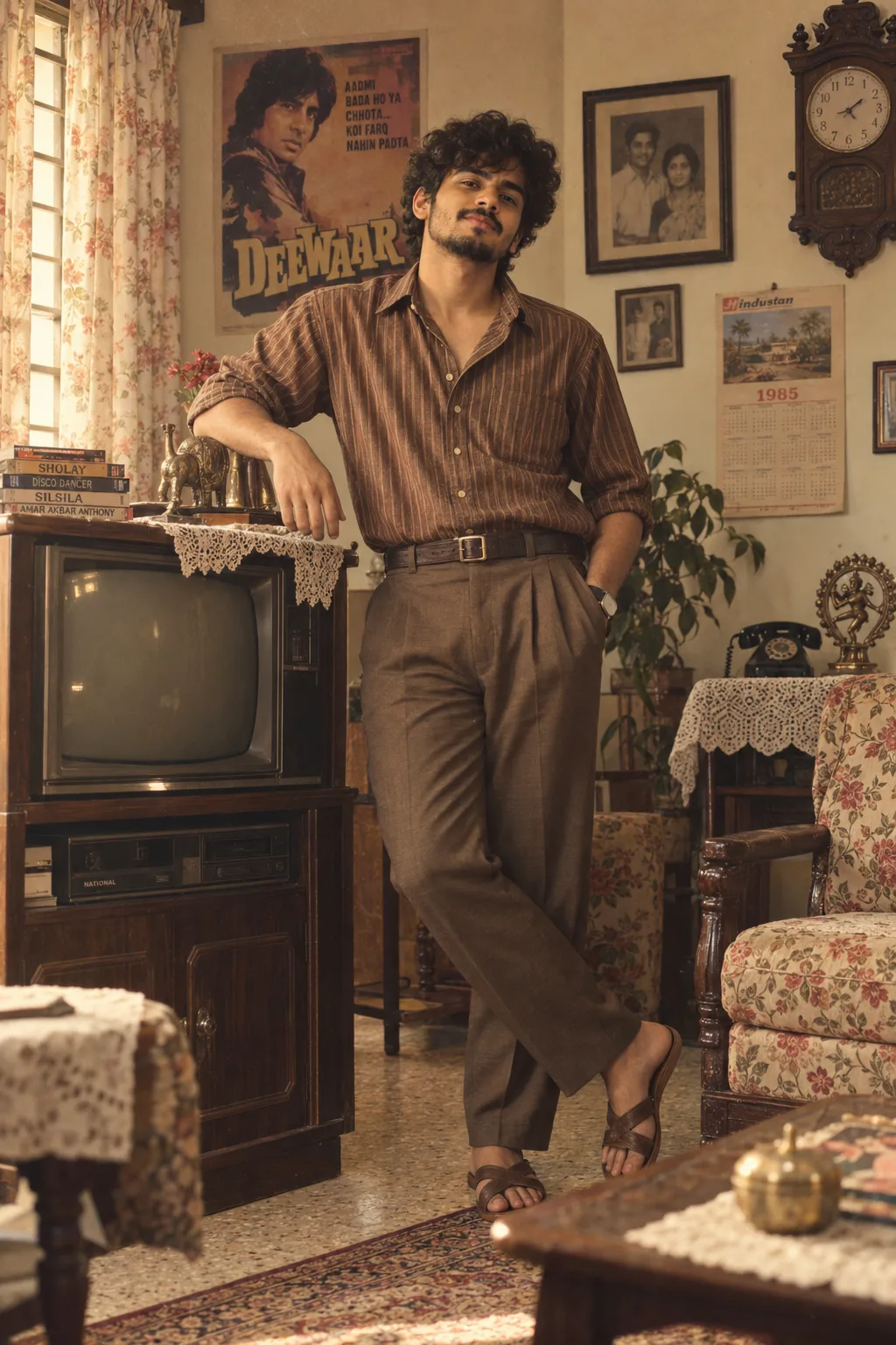 Vintage 1980s Indian living room scene, warm sepia-tinged palette and soft golden ambient light streaming from a window with floral