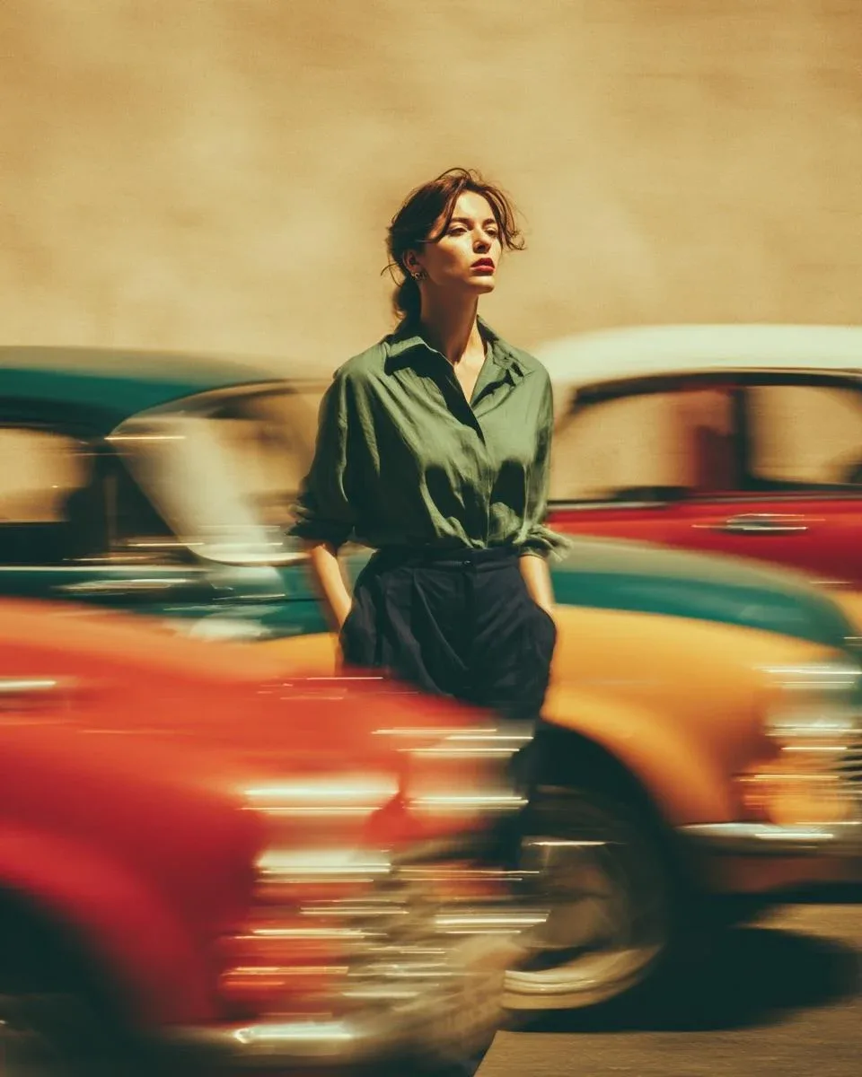 { "image_generation_prompt": { "subject": { "description": "Stylish woman", "expression": "calm and confident", "pose": "standing still,