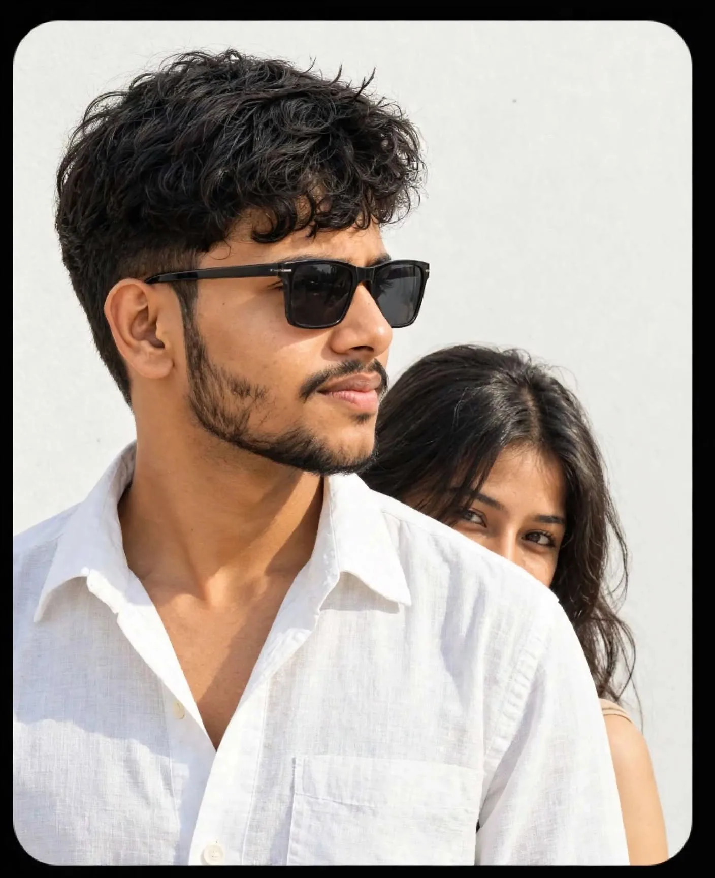Cinematic close-up portrait of a young Indian man with curly black hair, light beard, wearing black sunglasses and a white linen shirt,