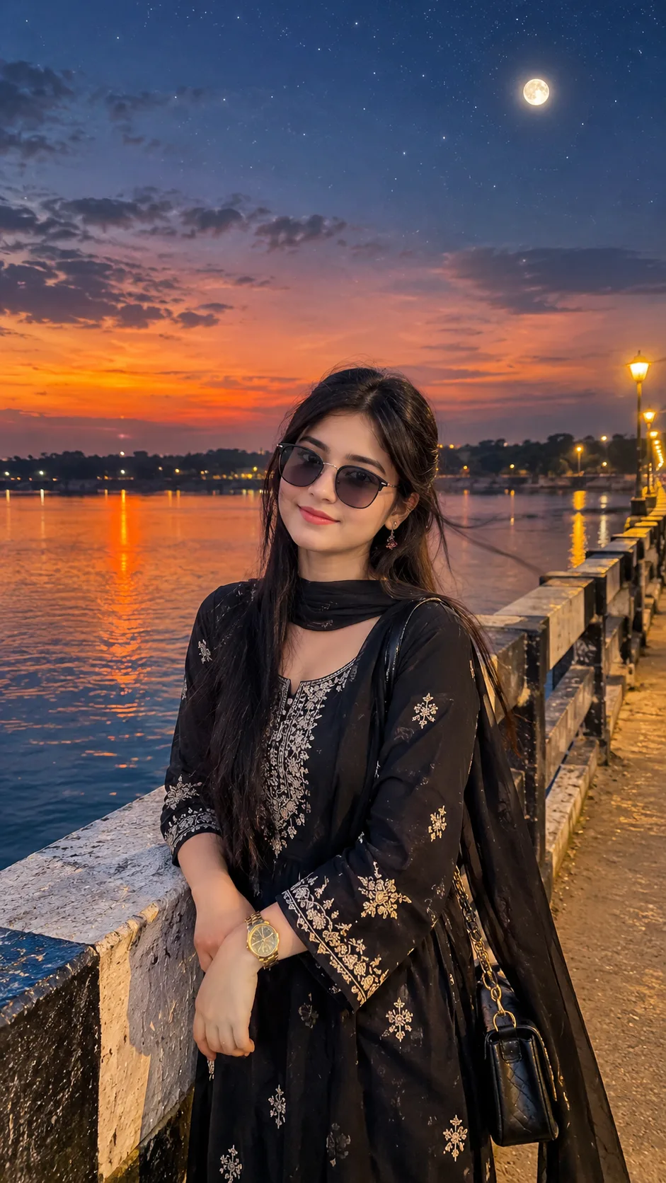 A beautiful young South Asian woman wearing an elegant black traditional embroidered outfit, sunglasses, a gold wristwatch, and carrying a