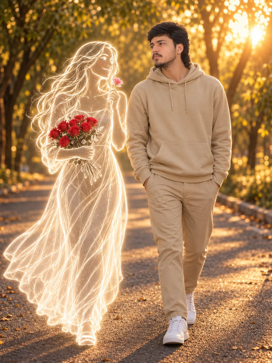 Photorealistic cinematic fantasy scene of a young Indian man walking along a peaceful tree-lined road during golden hour, accompanied by a