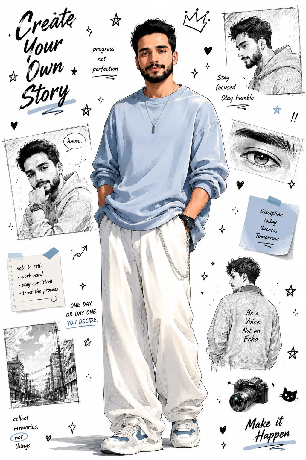 Create a semi-realistic anime-inspired fashion illustration of a stylish young person.