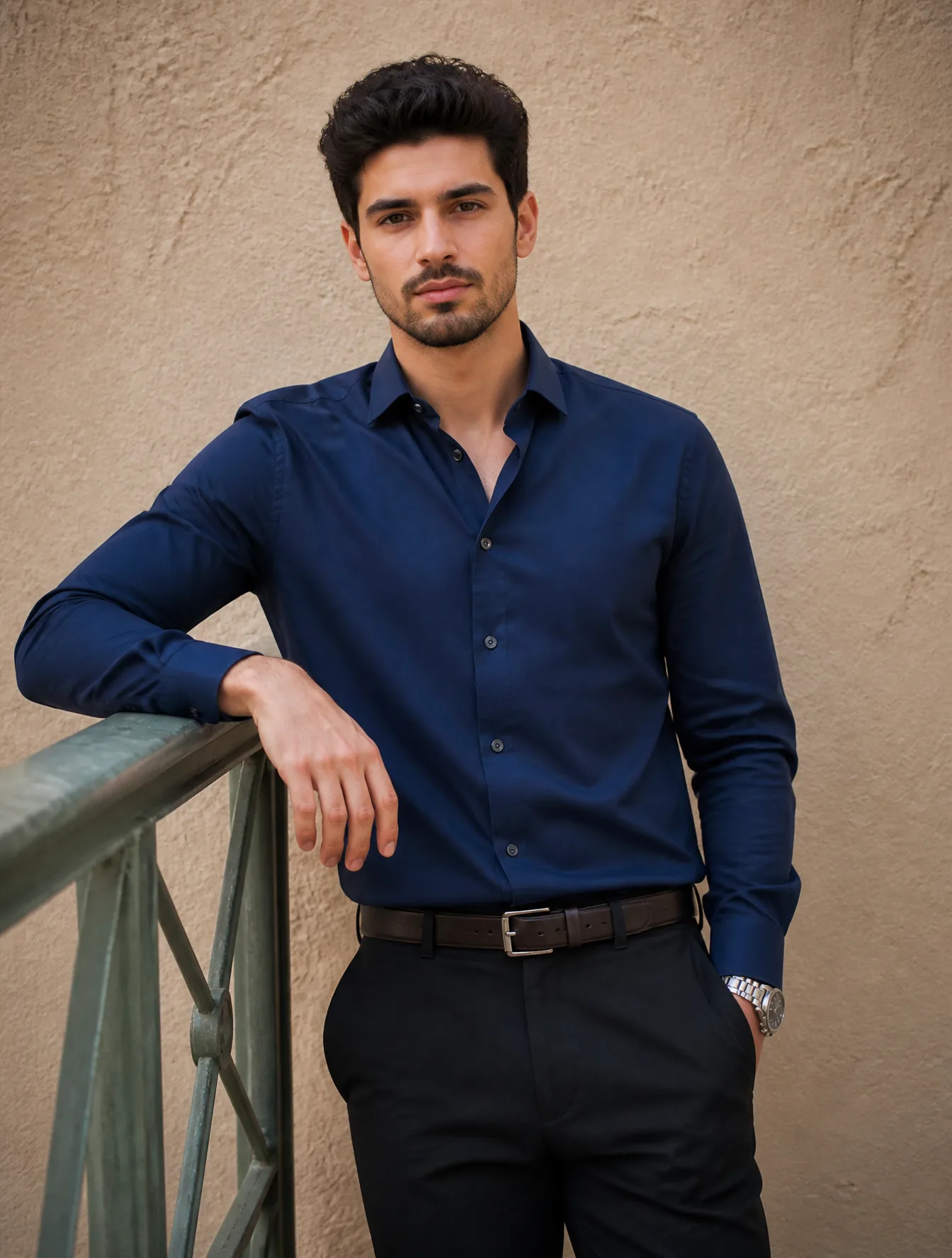 A young man with dark, styled hair and light stubble stands in a relaxed, confident pose, leaning his right arm against a sage-green metal