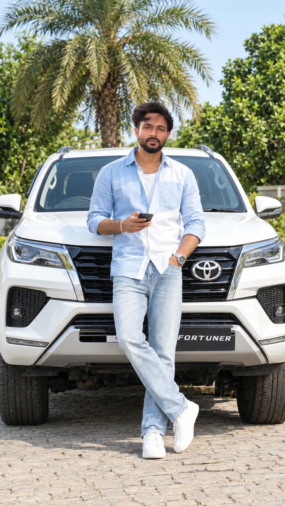 Create an ultra-realistic, high-quality 4K UHD full-body luxury lifestyle photograph of a stylish young Indian man standing confidently in