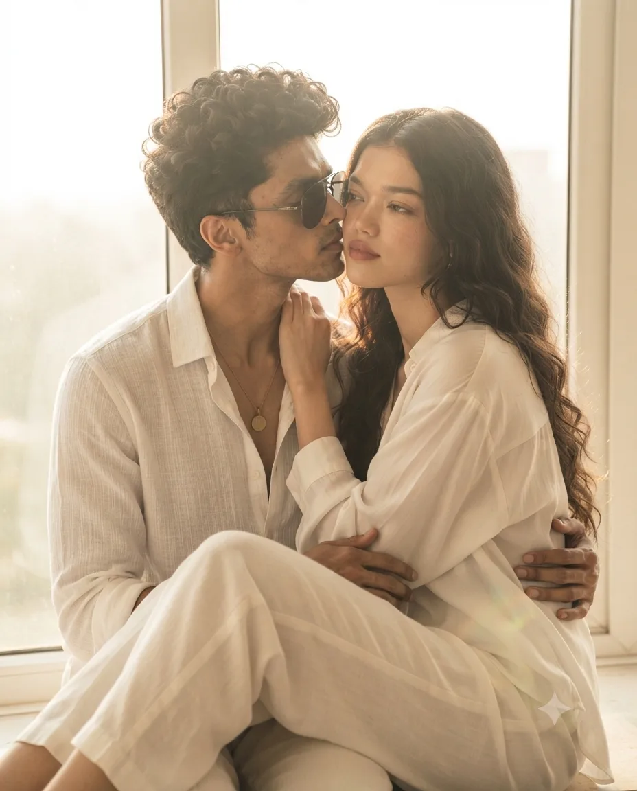 Create an ultra-realistic cinematic couple portrait in a warm, sunlit indoor setting.