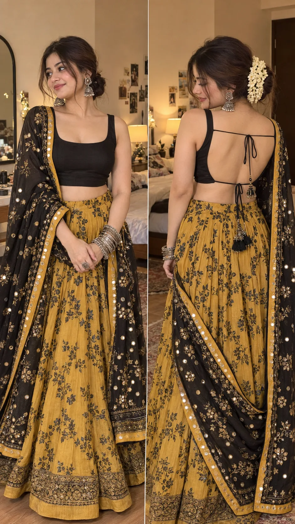 Create a realistic front and back fashion portrait using my face, wearing a mustard-yellow printed lehenga with black floral motifs, fitted