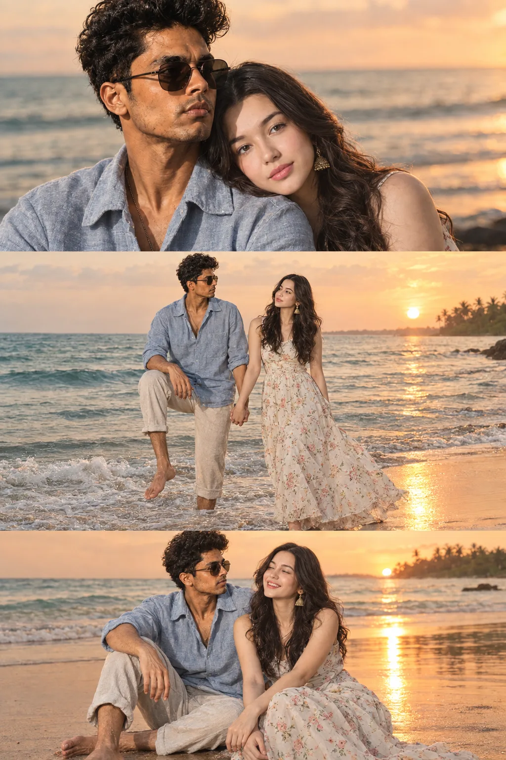 Subject Ultra-realistic cinematic romantic beach collage featuring the exact same South Asian couple from the reference photos with 99–100%