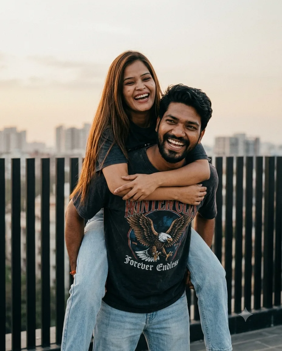 A candid, photorealistic medium shot of ajoyful young couple during golden hour. A young man black hair and beard is giving a woman a