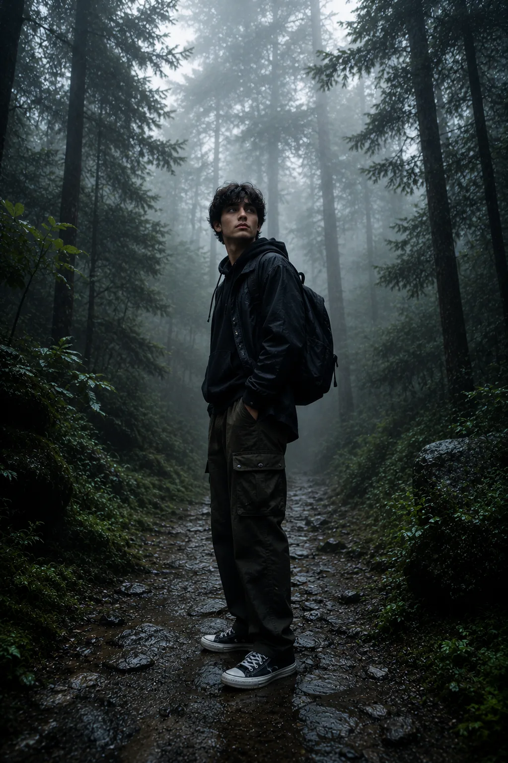 Transform this image into a breathtaking ultra-realistic foggy forest masterpiece.