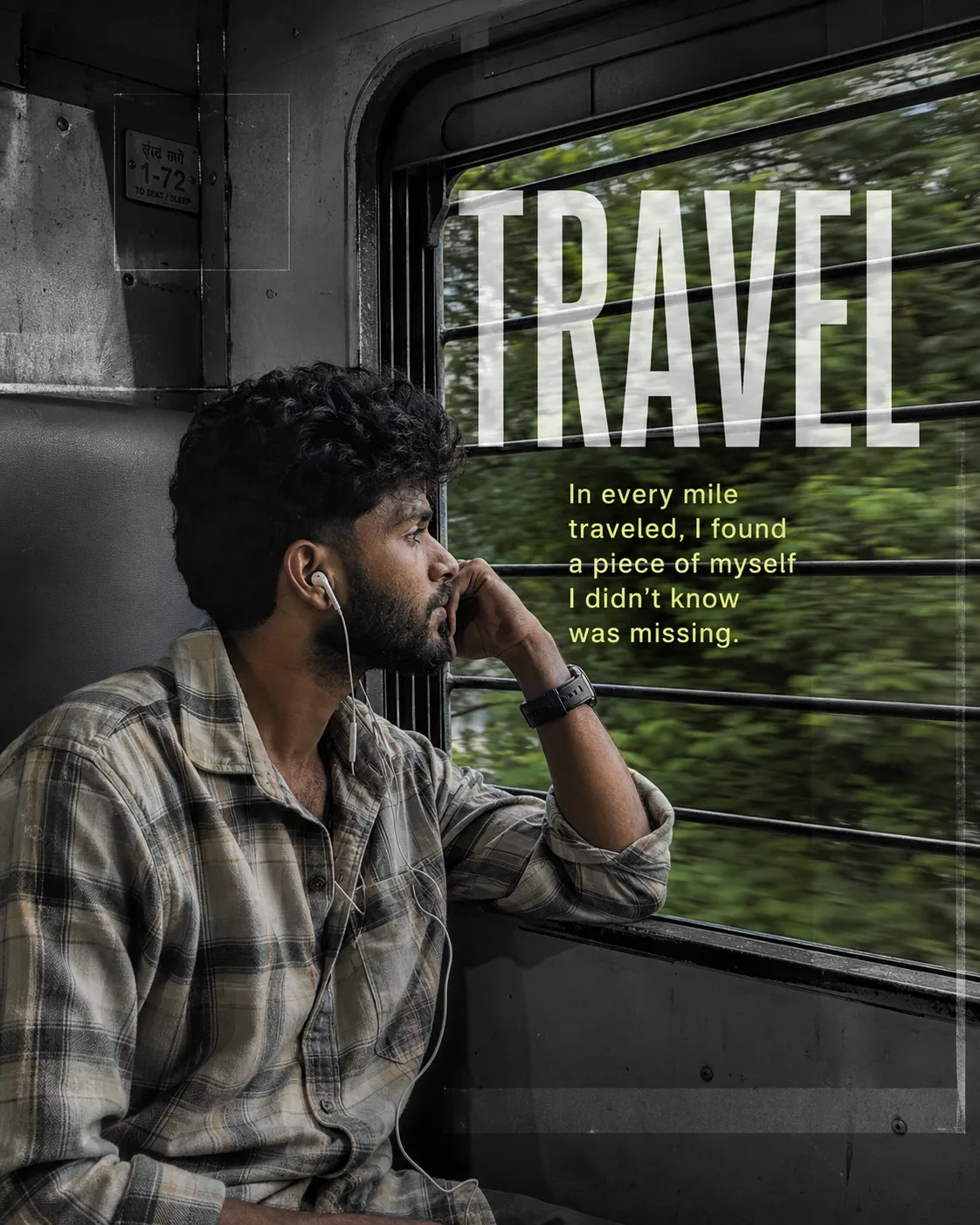 Create a deeply introspective, ultra-realistic cinematic travel editorial portrait of a young South Indian man sitting alone beside the