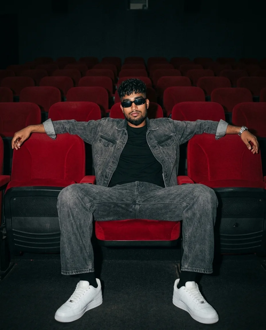 Detailed AI Image Prompt Vertical 4:5 low-key cinematic indoor portrait of a young man sitting powerfully across auditorium seats in a dark