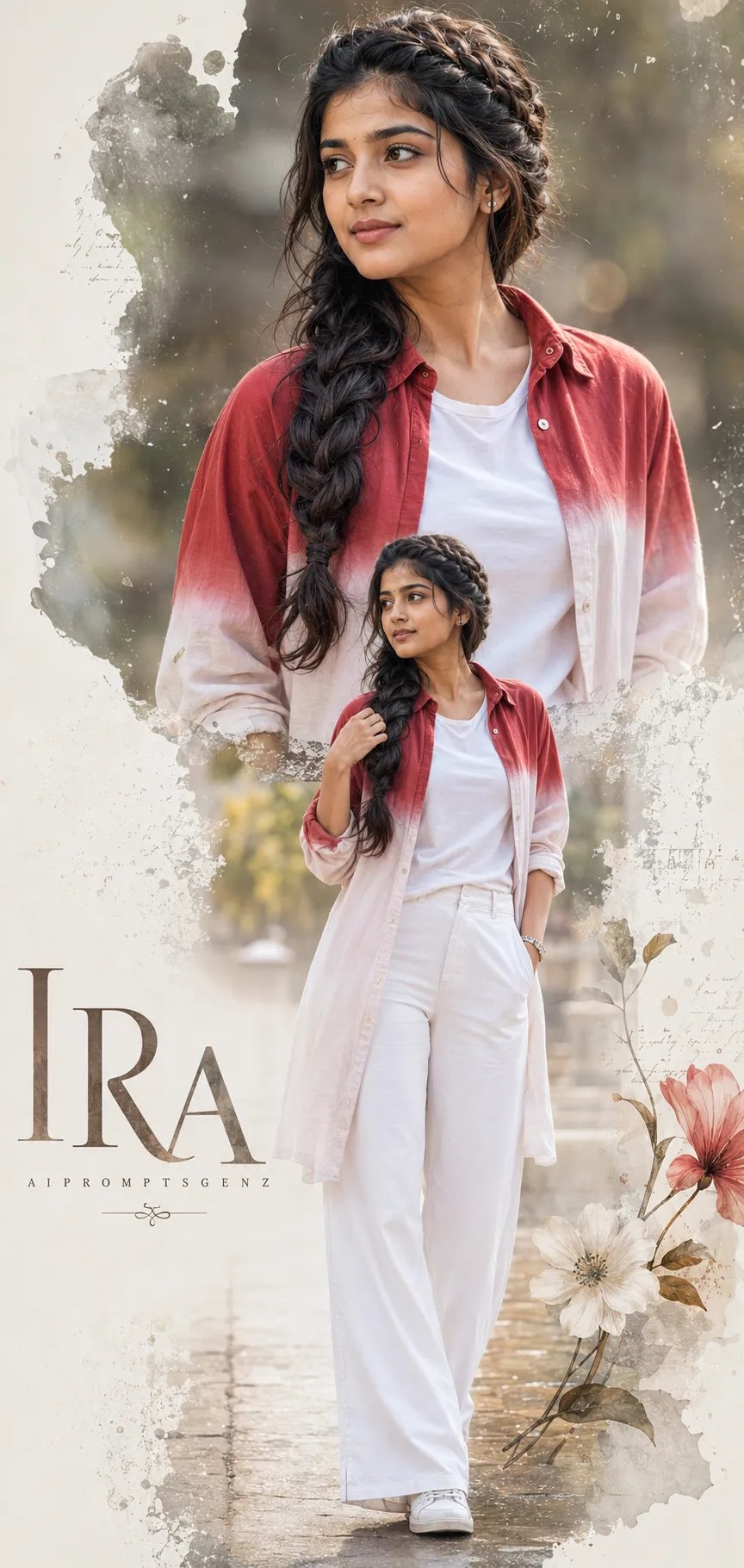 A 100% photorealistic, ultra-detailed 8k collage-style portrait featuring an attractive young Indian woman with her hair styled in an