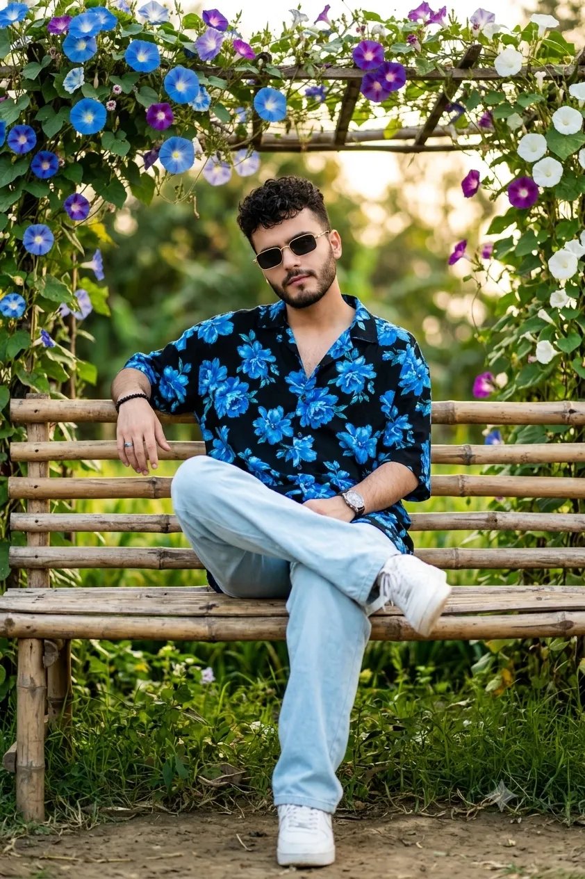 Ultra-realistic DSLR portrait of a stylish South Asian teenage boy sitting confidently on a rustic bamboo bench beneath blooming Morning