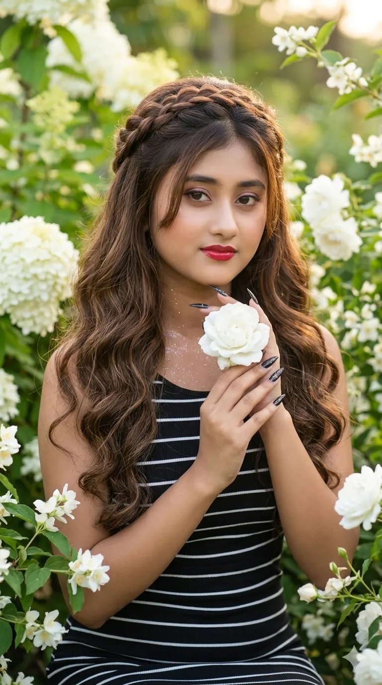 "CREATE A BEAUTIFUL WOMAN WITH LONG, WAVY, RICH BROWN HAIR FEATURING A BRAIDED CROWN THAT WRAPS AROUND THE TOP OF HER HEAD, CREATING A