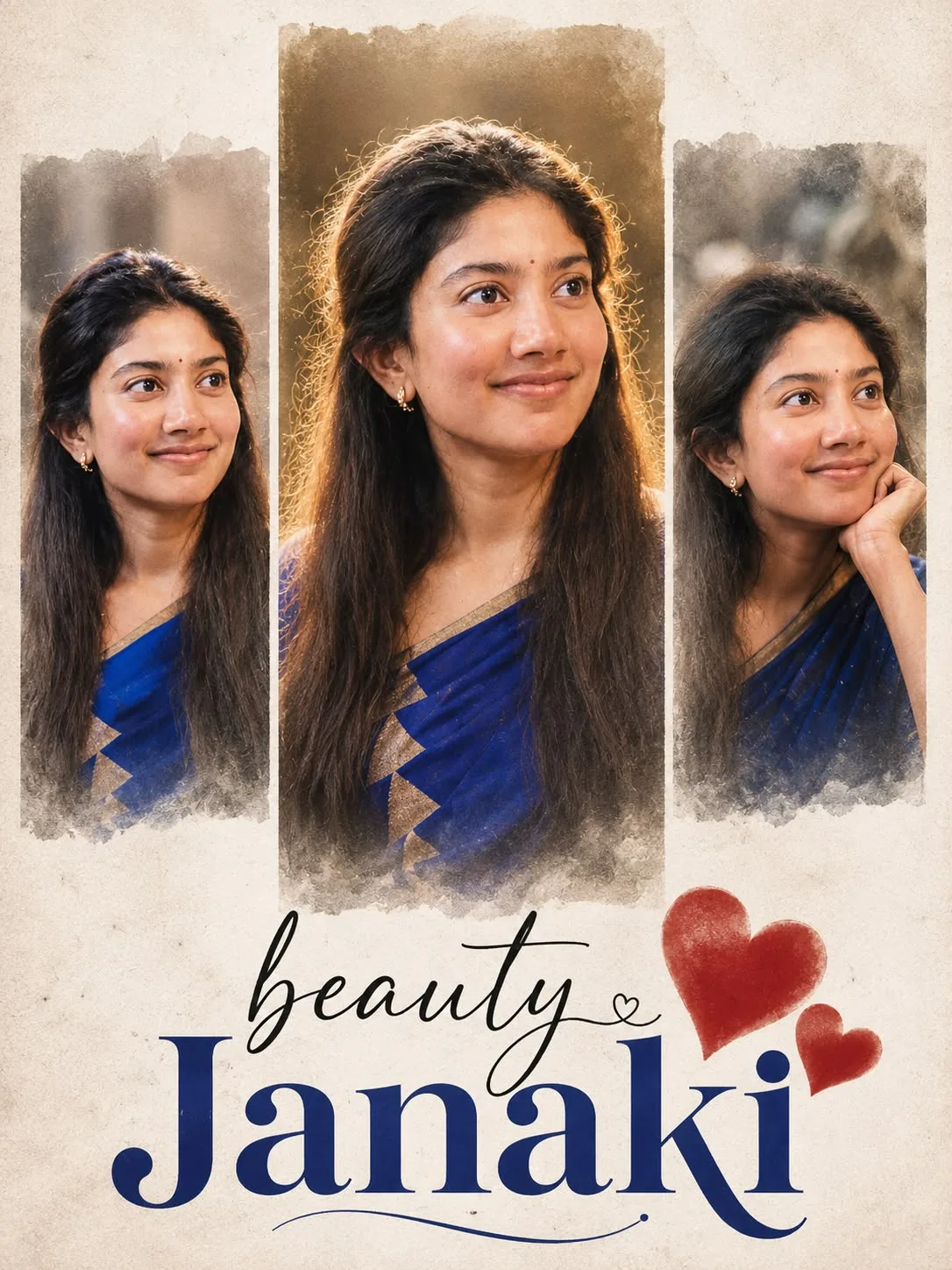 Create a **photorealistic vertical portrait collage** featuring the same young South Asian woman in three elegant portrait frames.