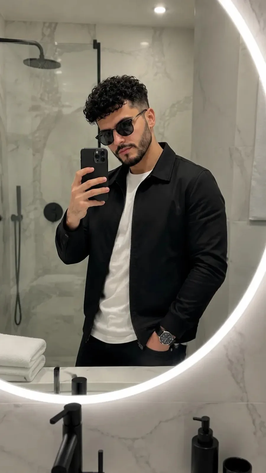 mirror selfie in a sleek modern bathroom.