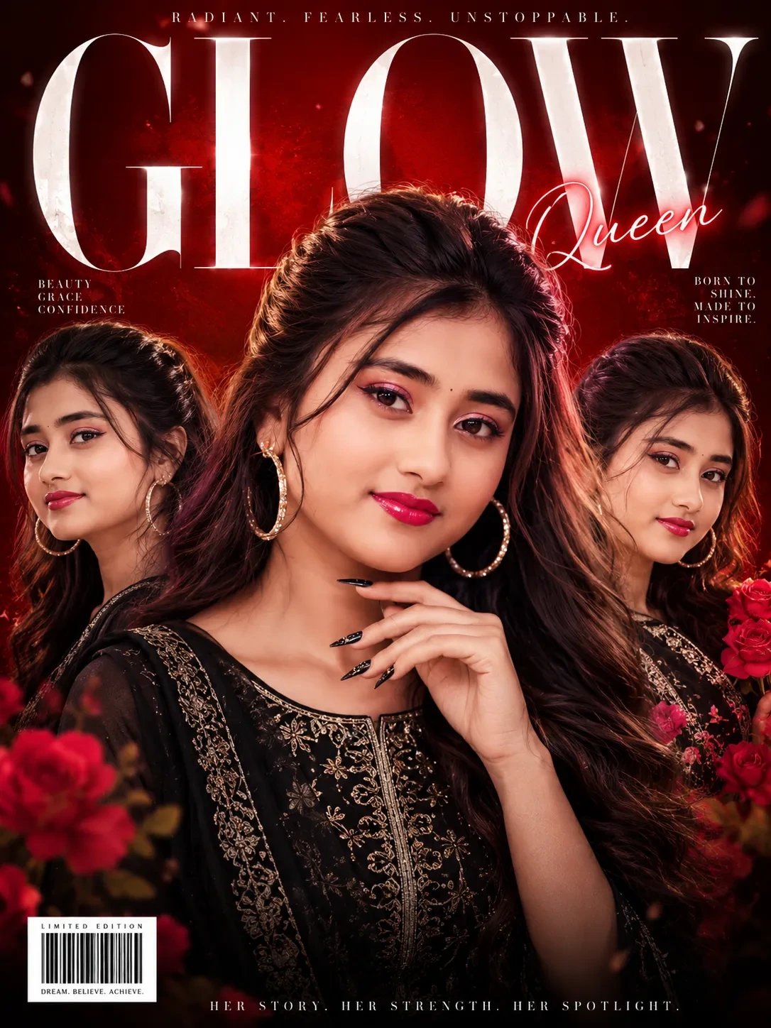 A celebrity-style fan poster featuring the same face as the uploaded image, arranged in a triple-portrait collage with one front-facing