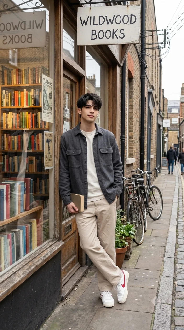 Ultra realistic full body photograph of a stylish young man standing casually outside an old independent bookstore on a quiet city lane