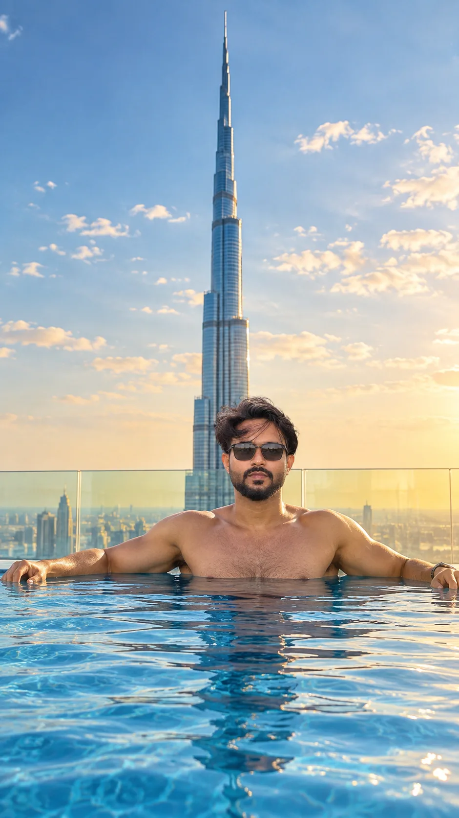 Create an ultra-photorealistic, high-end cinematic vertical 9:16 luxury travel photograph, closely recreating the uploaded reference image