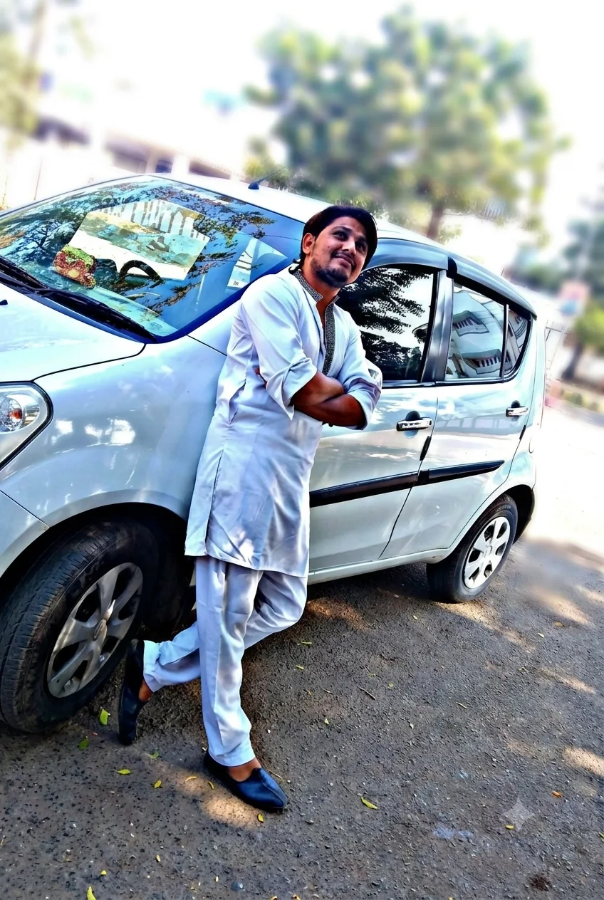 “Elegant Pose Beside the Car”