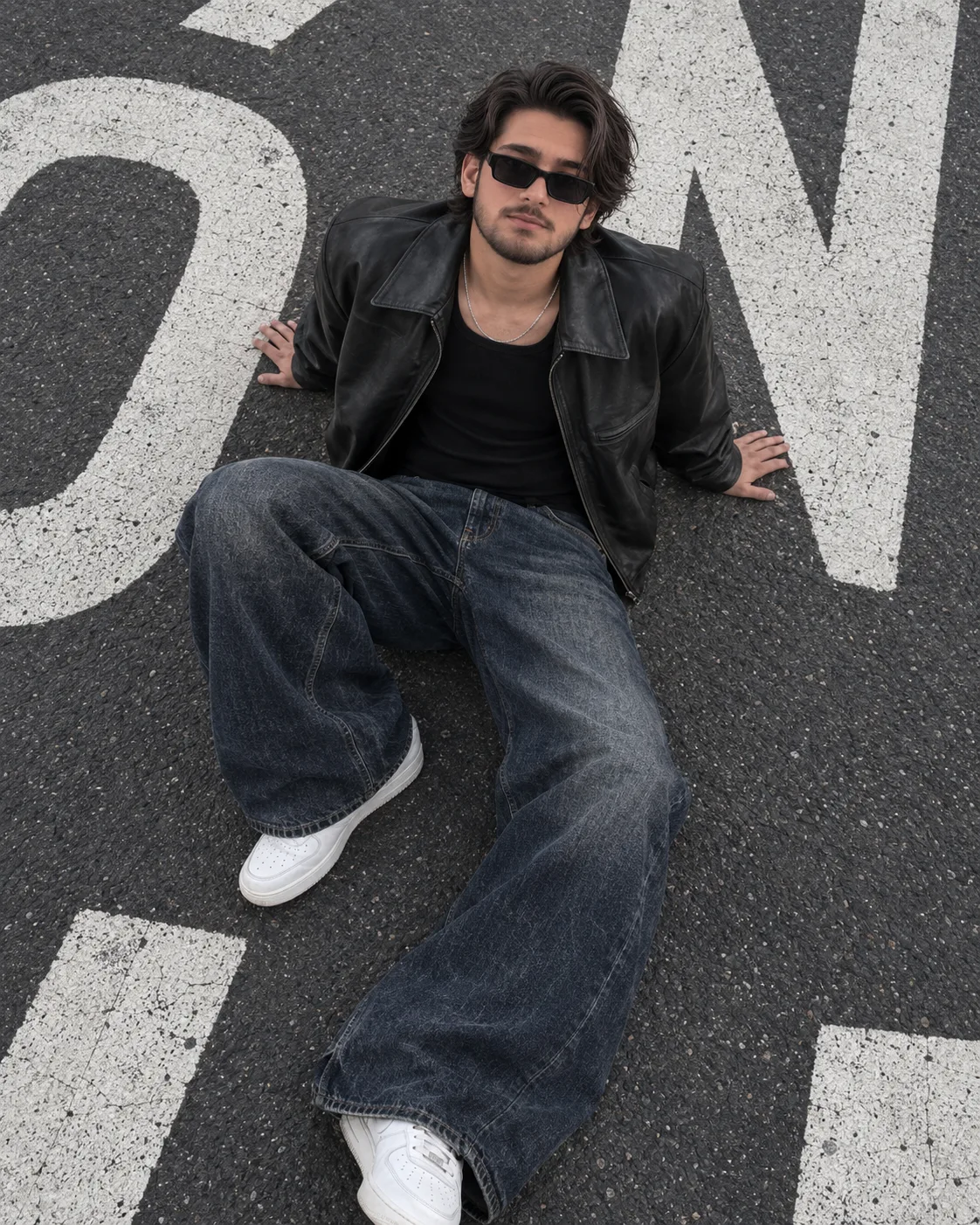 **Ultra-realistic cinematic street-fashion photograph of a stylish young adult man sitting casually on a dark asphalt road, photographed