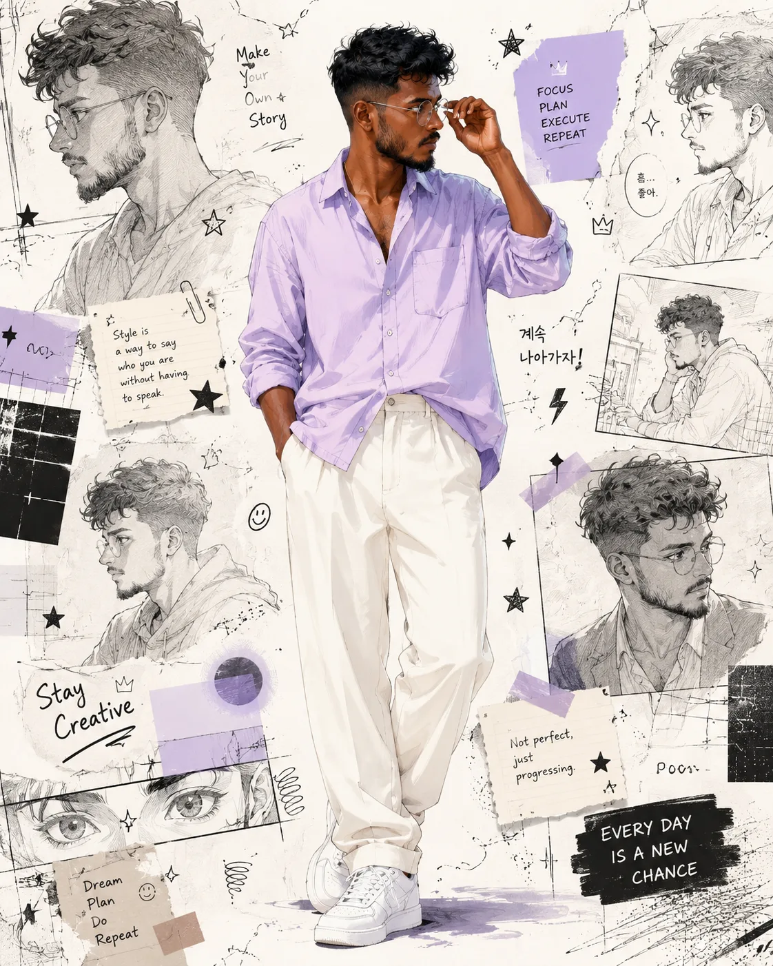 Create a highly detailed editorial fashion collage poster combining an ultra-realistic full-body photograph of a young man with hand-drawn