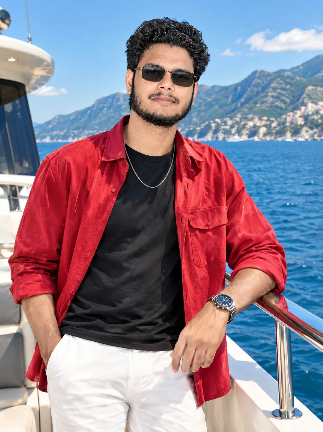 Create a highly realistic premium lifestyle portrait of a stylish young man standing confidently on a luxury yacht, wearing a vibrant red